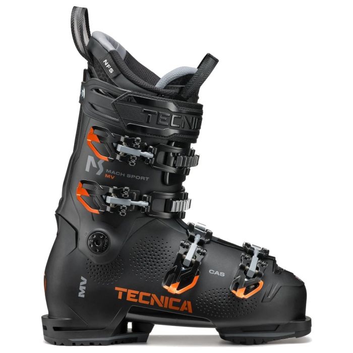 Tecnica Mach Sport MV 100 GW: vista lateral de la bota de esquí negra, gris y roja.