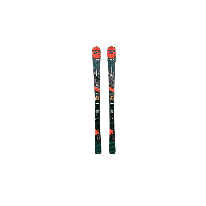 Rossignol React R6 Compact ski's, gezien vanaf boven, met bindingen.