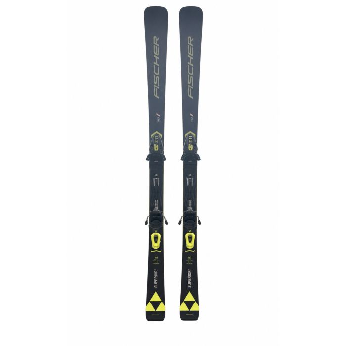 Fischer RC4 Superior Ti ski vooraanzicht in 150 cm, donkerblauw met lime-gele accenten en RC4 Z11 GW bindingen duidelijk zichtbaar, Fischer logo prominent op de bovenkant