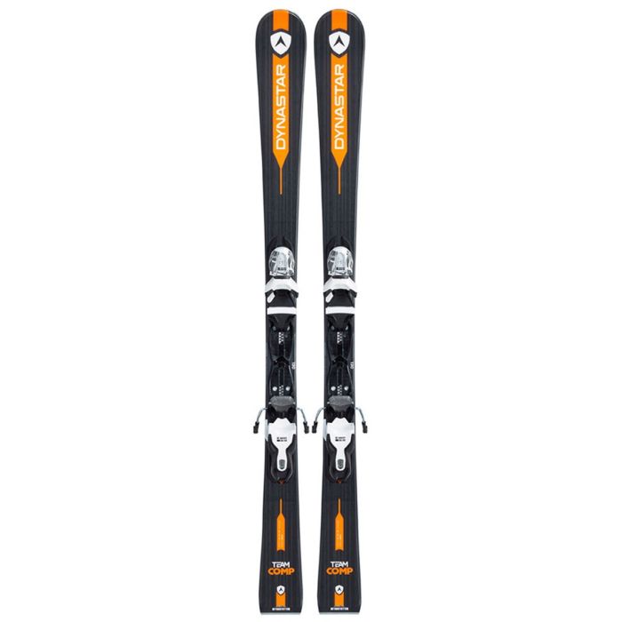 Dynastar Team Comp skis with bindings, showing a pair on a white background.