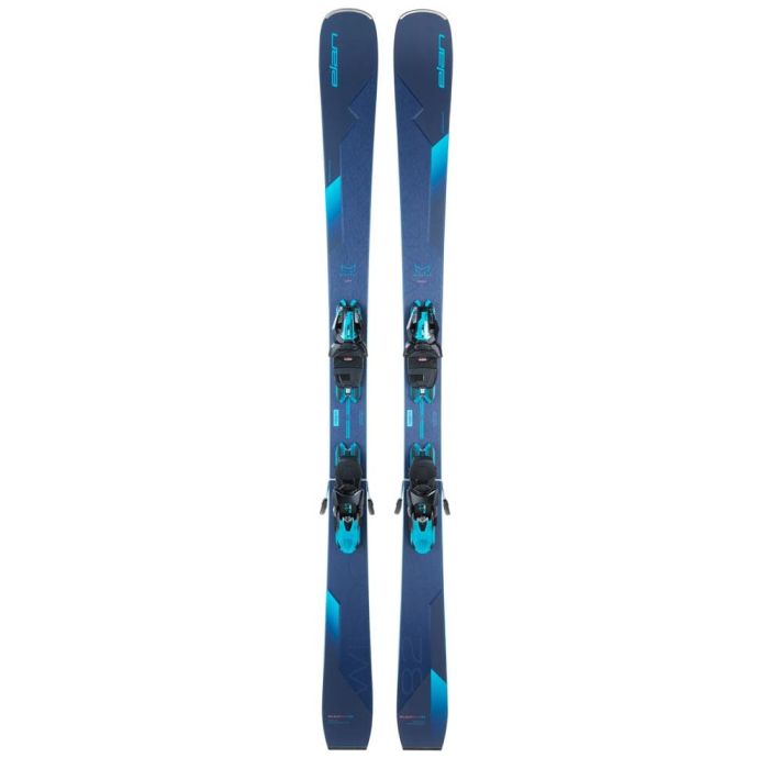 Elan Wildcat 82 CX skidor med bindningar, blå och grå design.