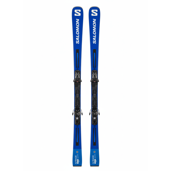 Salomon S-RACE X9 Ti ski's 2024: blauw en wit design met bindingen.