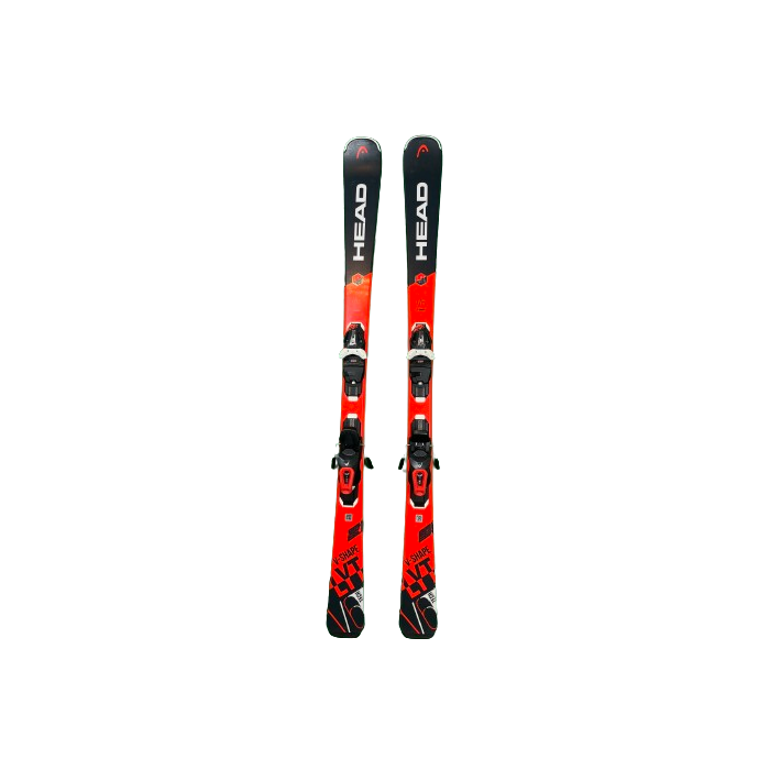 Červeno-bílé lyže Head V-Shape V6 s vázáním, pohled zepředu.