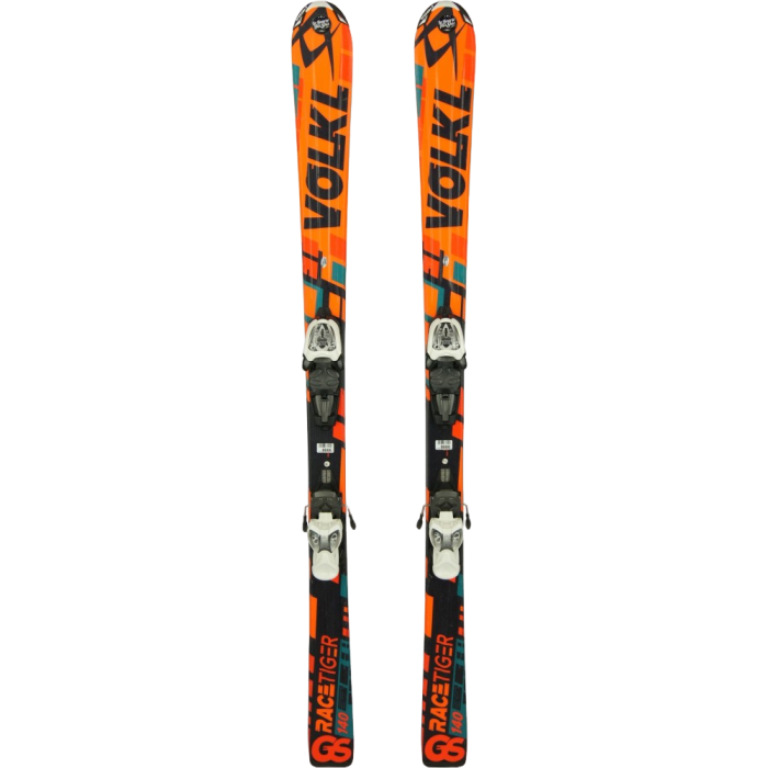Völkl Racetiger GS Junior ski's met bindingen, klaar voor de piste.