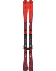 Atomic Redster S7 carving-sukset punaisella pohjalla ja siteillä