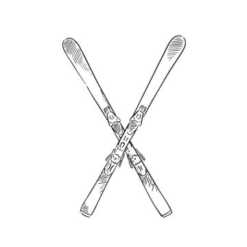 Esquíes adultos cruzados, ilustración en blanco y negro.