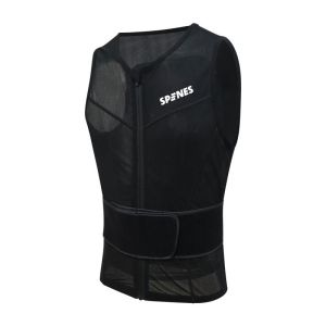 Spines The Original rugbeschermer zwart, vooraanzicht van het mesh vest met rits, wit logo en brede buikband