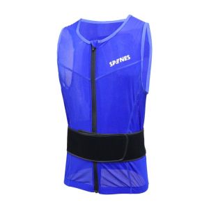 Spines The Blue rugbeschermer blauw, vooraanzicht van het mesh vest met rits, wit logo en zwarte buikband
